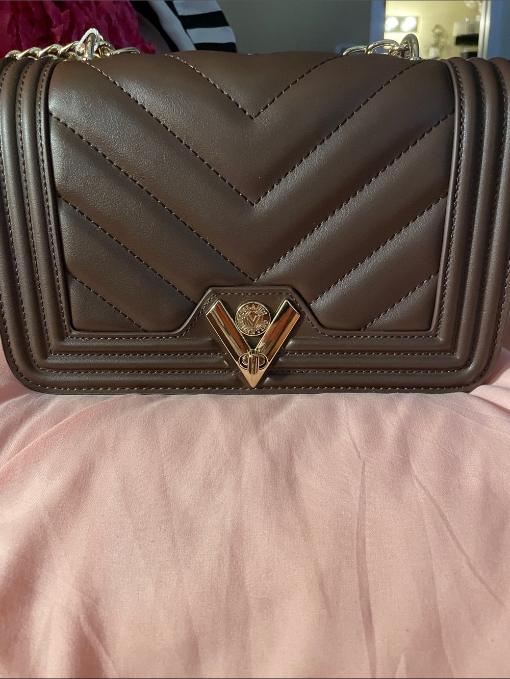 Valentino Orlandi Brown Quilted Crossbody with Gold V-Lock